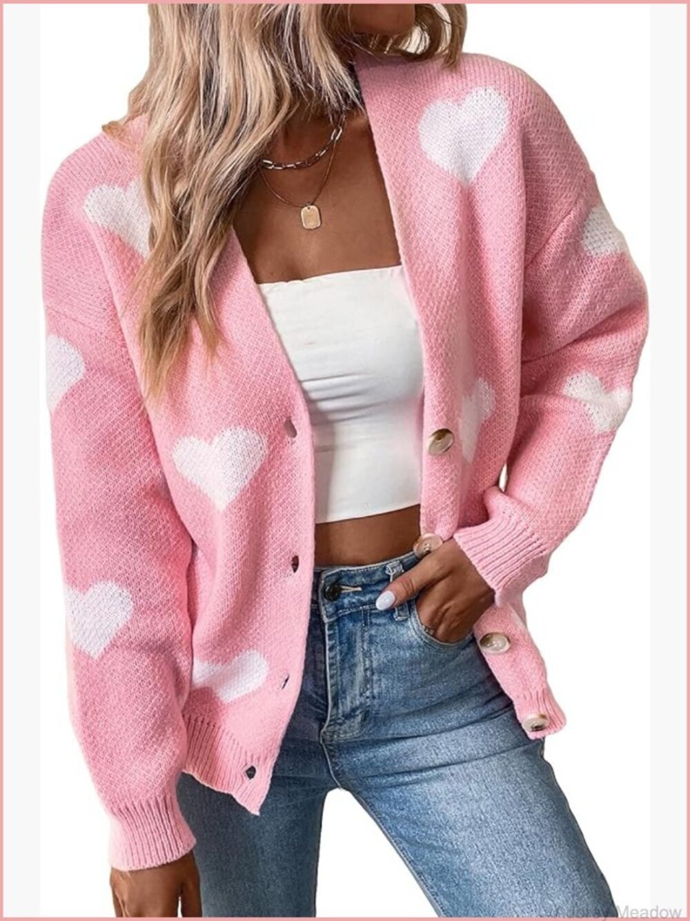 Button Down Cardigan Cute Heart Print V Neck Soft Sweater Coat